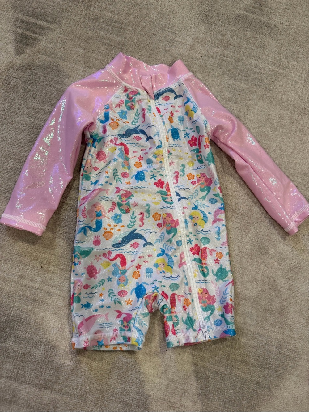 Flap Happy Pink Mermaid Print Long-Sleeve Rashguard Swim Romper